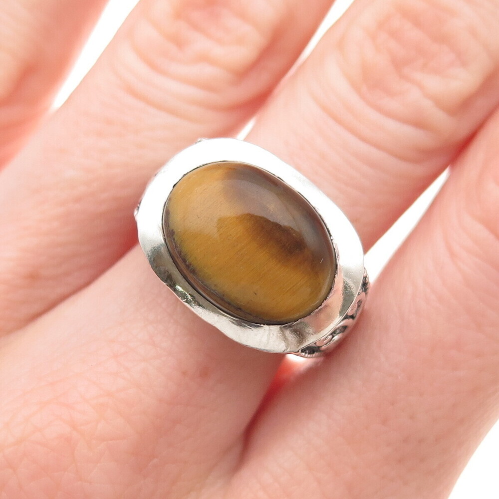 925 Sterling Silver Vintage Real Tiger Eye Floral Oxidized Ring Size 7.75